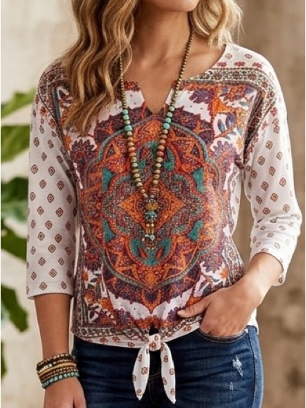Onque Casual Mandala Print Tie Front Top Size PM Boho Resort Cottagecore Hippie